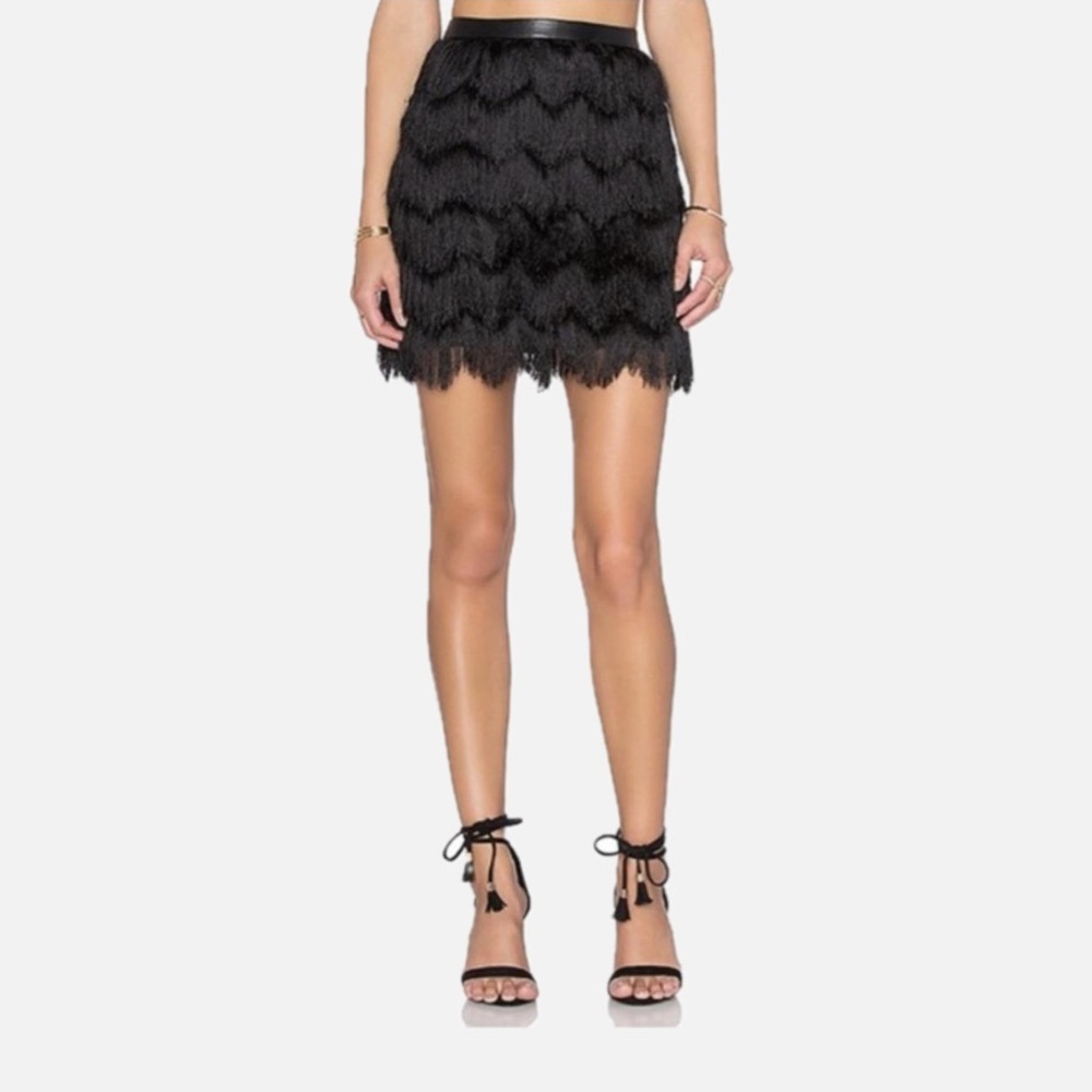 MAX STUDIO, Black Fringe Layered Mini Skirt, Lined, Elastic Waist